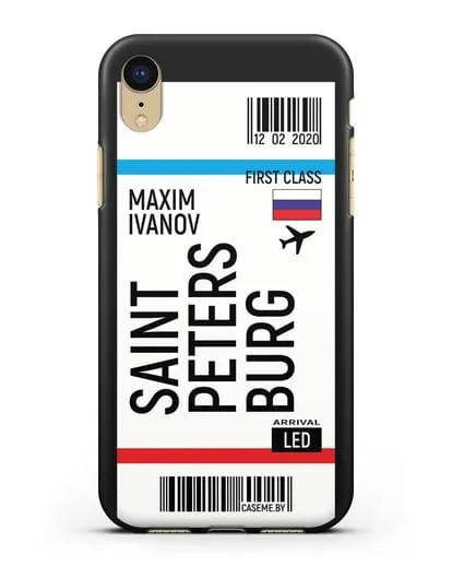 Чехол Авиабилет Санкт-Петербург с именем, фамилией силиконовый для iPhone XR