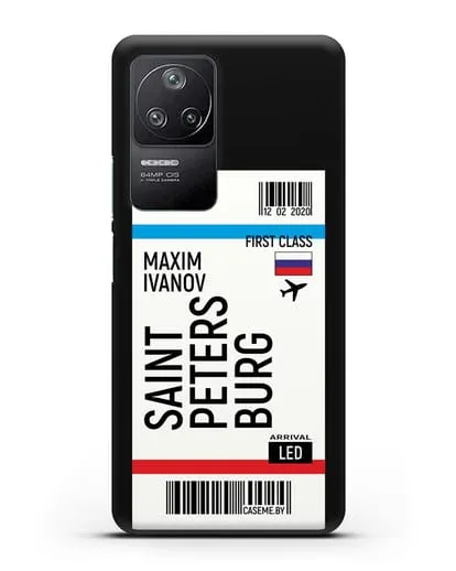 Чехол Авиабилет Санкт-Петербург с именем, фамилией силиконовый для Xiaomi Poco F4