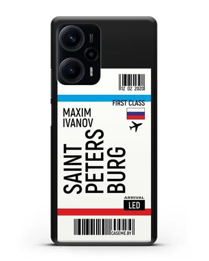 Чехол Авиабилет Санкт-Петербург с именем, фамилией силиконовый для Xiaomi Poco F5