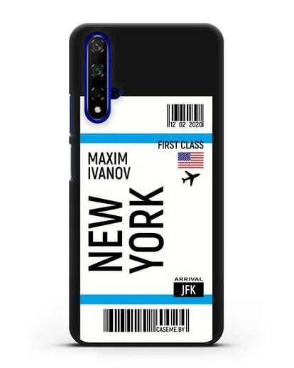 Чехол Авиабилет Нью-Йорк с именем, фамилией силиконовый для Honor 20