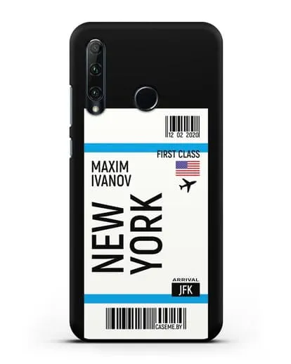 Чехол Авиабилет Нью-Йорк с именем, фамилией силиконовый для Honor 20e