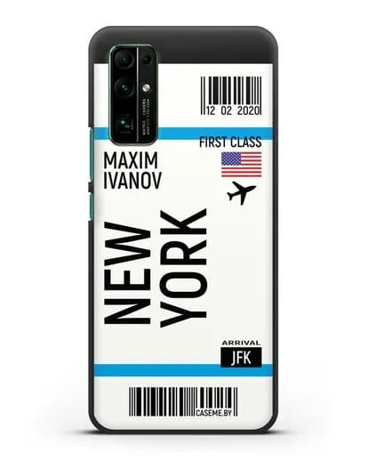 Чехол Авиабилет Нью-Йорк с именем, фамилией силиконовый для Honor 30