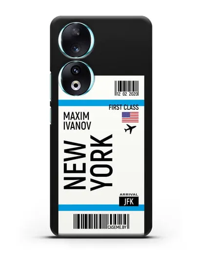 Чехол Авиабилет Нью-Йорк с именем, фамилией силиконовый для Honor 90