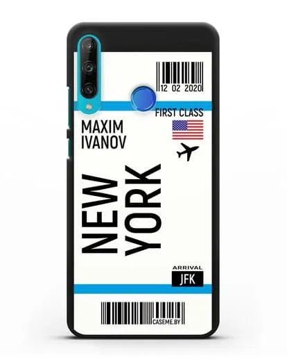 Чехол Авиабилет Нью-Йорк с именем, фамилией силиконовый для Honor 9C