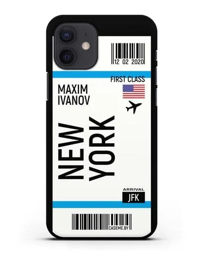 Чехол Авиабилет Нью-Йорк с именем, фамилией силиконовый для iPhone 12