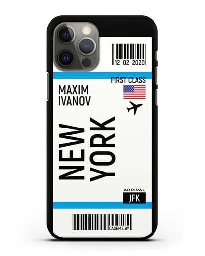 Чехол Авиабилет Нью-Йорк с именем, фамилией силиконовый для iPhone 12 Pro