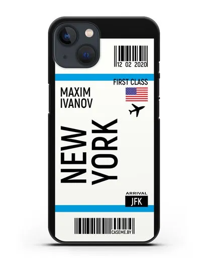 Чехол Авиабилет Нью-Йорк с именем, фамилией силиконовый для iPhone 13 Mini