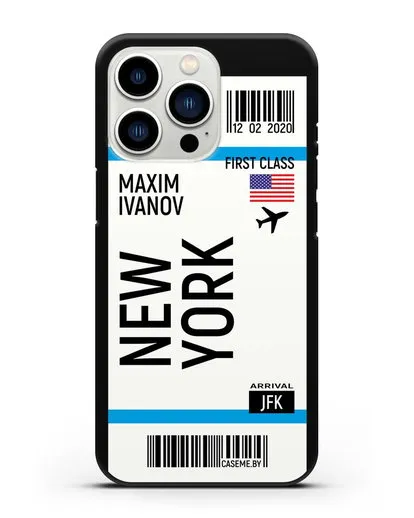 Чехол Авиабилет Нью-Йорк с именем, фамилией силиконовый для iPhone 13 Pro