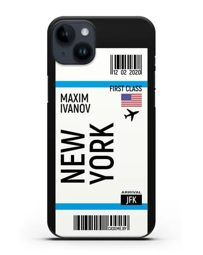 Чехол Авиабилет Нью-Йорк с именем, фамилией силиконовый для iPhone 14 Plus