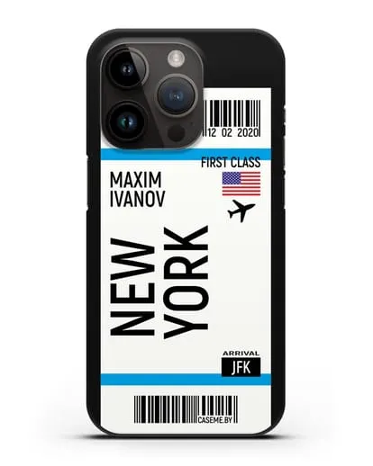 Чехол Авиабилет Нью-Йорк с именем, фамилией силиконовый для iPhone 14 Pro