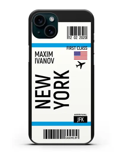 Чехол Авиабилет Нью-Йорк с именем, фамилией силиконовый для iPhone 15 Plus