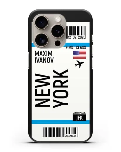 Чехол Авиабилет Нью-Йорк с именем, фамилией силиконовый для iPhone 15 Pro