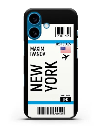Чехол Авиабилет Нью-Йорк с именем, фамилией силиконовый для iPhone 16
