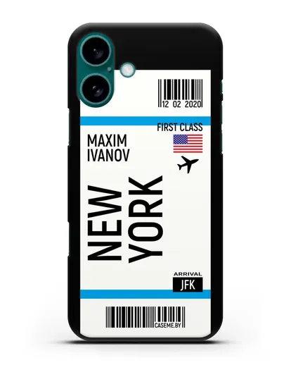 Чехол Авиабилет Нью-Йорк с именем, фамилией силиконовый для iPhone 16 Plus