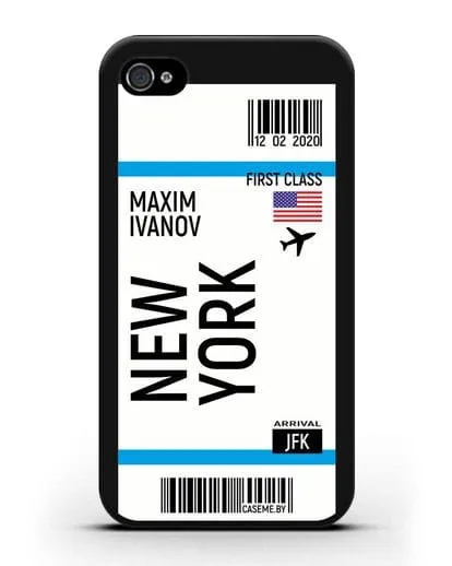 Чехол Авиабилет Нью-Йорк с именем, фамилией силиконовый для iPhone 4/4s