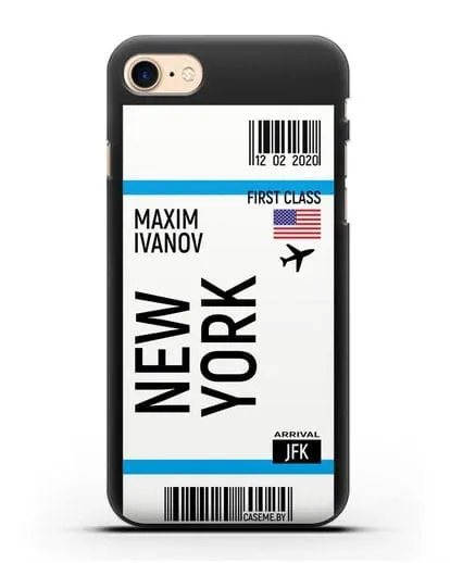 Чехол Авиабилет Нью-Йорк с именем, фамилией силиконовый для iPhone 8
