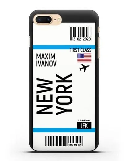 Чехол Авиабилет Нью-Йорк с именем, фамилией силиконовый для iPhone 8 Plus