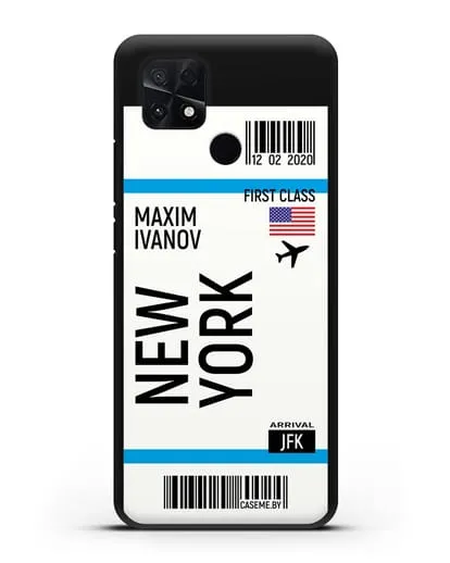Чехол Авиабилет Нью-Йорк с именем, фамилией силиконовый для Xiaomi Poco C40
