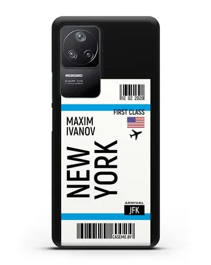 Чехол Авиабилет Нью-Йорк с именем, фамилией силиконовый для Xiaomi Poco F4