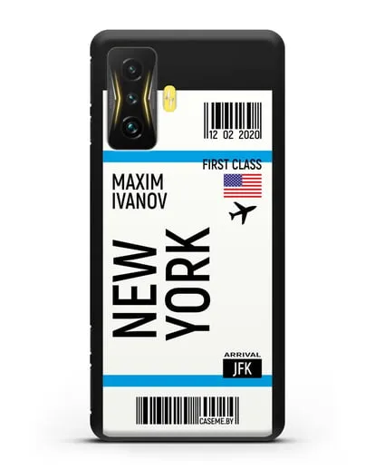 Чехол Авиабилет Нью-Йорк с именем, фамилией силиконовый для Xiaomi Poco F4 GT