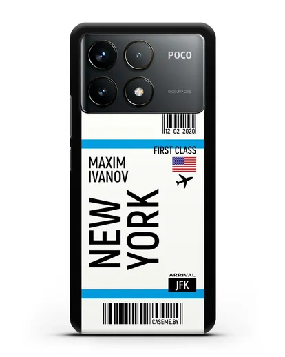 Чехол Авиабилет Нью-Йорк с именем, фамилией силиконовый для Xiaomi Poco F6 Pro