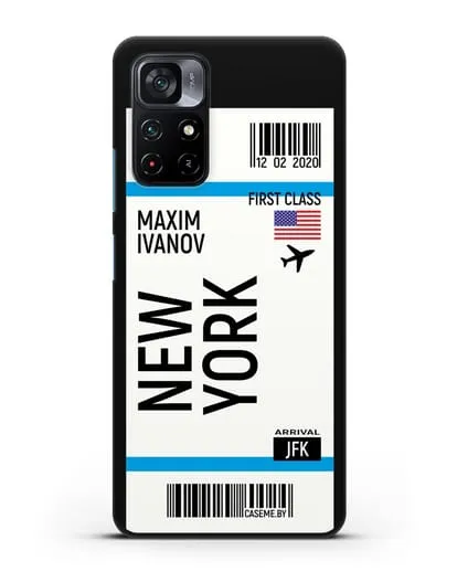 Чехол Авиабилет Нью-Йорк с именем, фамилией силиконовый для Xiaomi Poco M4 Pro 5G