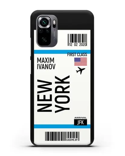 Чехол Авиабилет Нью-Йорк с именем, фамилией силиконовый для Xiaomi Poco M5s