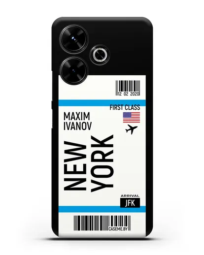 Чехол Авиабилет Нью-Йорк с именем, фамилией силиконовый для Xiaomi Poco M6