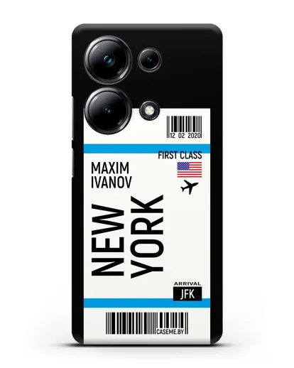 Чехол Авиабилет Нью-Йорк с именем, фамилией силиконовый для Xiaomi Poco M6 Pro