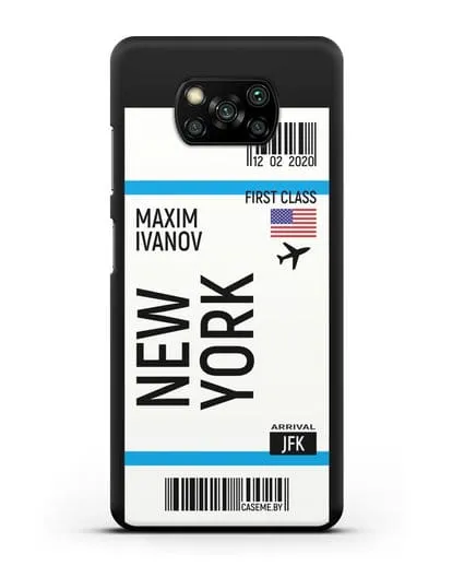 Чехол Авиабилет Нью-Йорк с именем, фамилией силиконовый для Xiaomi Poco X3
