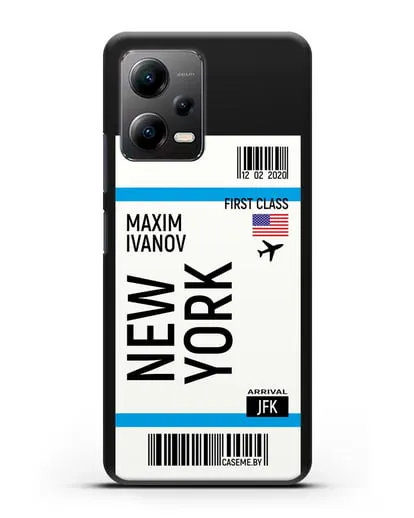 Чехол Авиабилет Нью-Йорк с именем, фамилией силиконовый для Xiaomi Poco X5