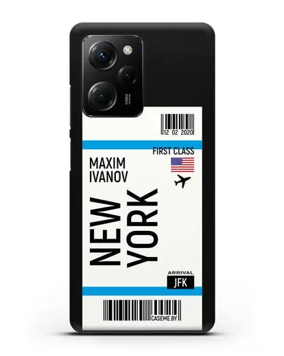Чехол Авиабилет Нью-Йорк с именем, фамилией силиконовый для Xiaomi Poco X5 Pro