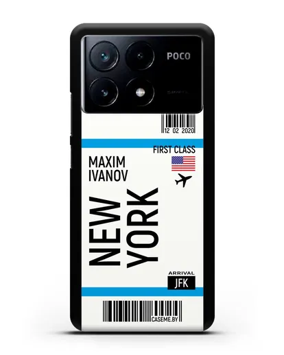 Чехол Авиабилет Нью-Йорк с именем, фамилией силиконовый для Xiaomi Poco X6 Pro
