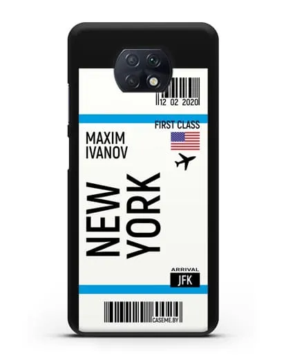Чехол Авиабилет Нью-Йорк с именем, фамилией силиконовый для Xiaomi Redmi Note 9T