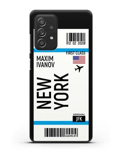 Чехол Авиабилет Нью-Йорк с именем, фамилией силиконовый для Samsung Galaxy A53