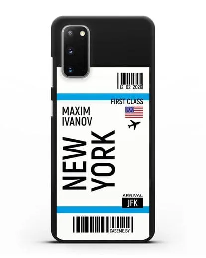 Чехол Авиабилет Нью-Йорк с именем, фамилией силиконовый для Samsung Galaxy S20 [SM-G980F]
