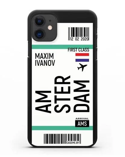 Чехол Авиабилет Амстердам с именем, фамилией силиконовый для iPhone 11