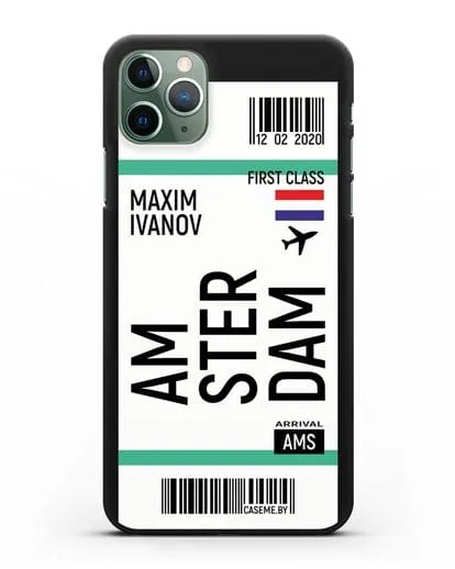 Чехол Авиабилет Амстердам с именем, фамилией силиконовый для iPhone 11 Pro Max