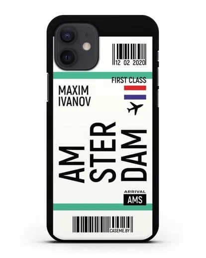 Чехол Авиабилет Амстердам с именем, фамилией силиконовый для iPhone 12