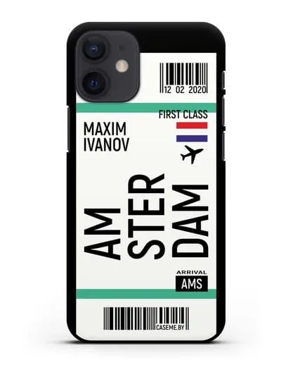 Чехол Авиабилет Амстердам с именем, фамилией силиконовый для iPhone 12 mini