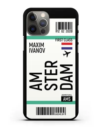 Чехол Авиабилет Амстердам с именем, фамилией силиконовый для iPhone 12 Pro