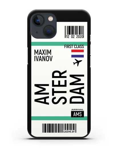 Чехол Авиабилет Амстердам с именем, фамилией силиконовый для iPhone 13