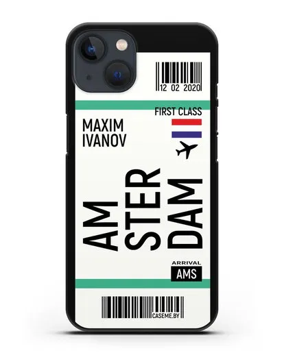 Чехол Авиабилет Амстердам с именем, фамилией силиконовый для iPhone 13 Mini