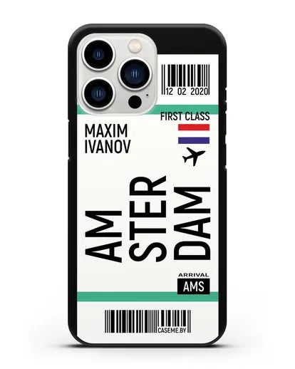Чехол Авиабилет Амстердам с именем, фамилией силиконовый для iPhone 13 Pro