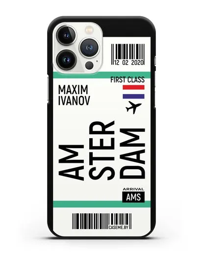 Чехол Авиабилет Амстердам с именем, фамилией силиконовый для iPhone 13 Pro Max