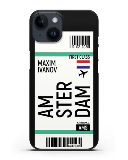 Чехол Авиабилет Амстердам с именем, фамилией силиконовый для iPhone 14