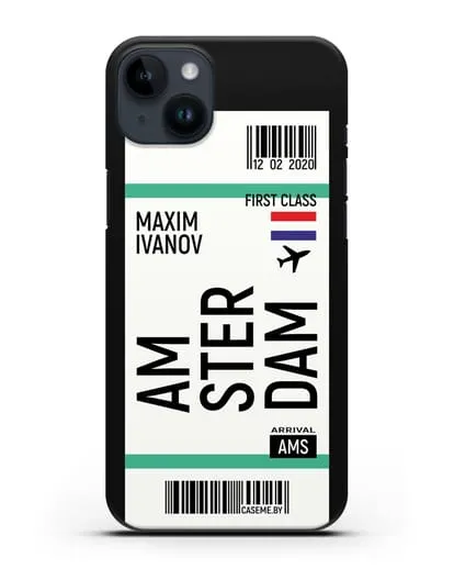 Чехол Авиабилет Амстердам с именем, фамилией силиконовый для iPhone 14 Plus