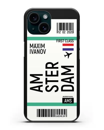 Чехол Авиабилет Амстердам с именем, фамилией силиконовый для iPhone 15