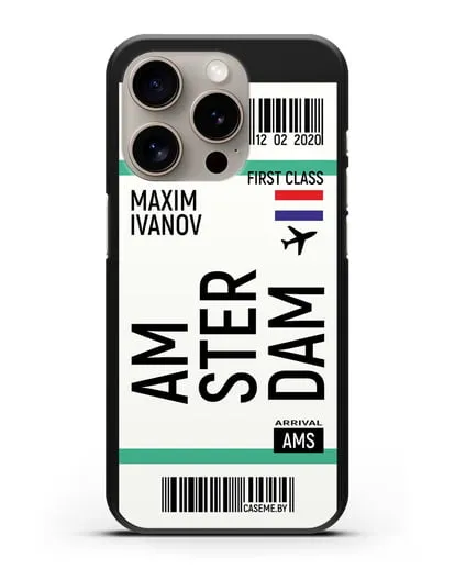 Чехол Авиабилет Амстердам с именем, фамилией силиконовый для iPhone 15 Pro