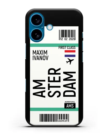 Чехол Авиабилет Амстердам с именем, фамилией силиконовый для iPhone 16